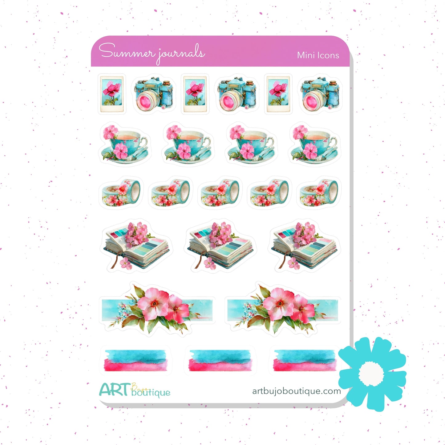 Sheet of decorative planner stickers with teacups, books, and flowers on a white background with 'ART boutique' branding.