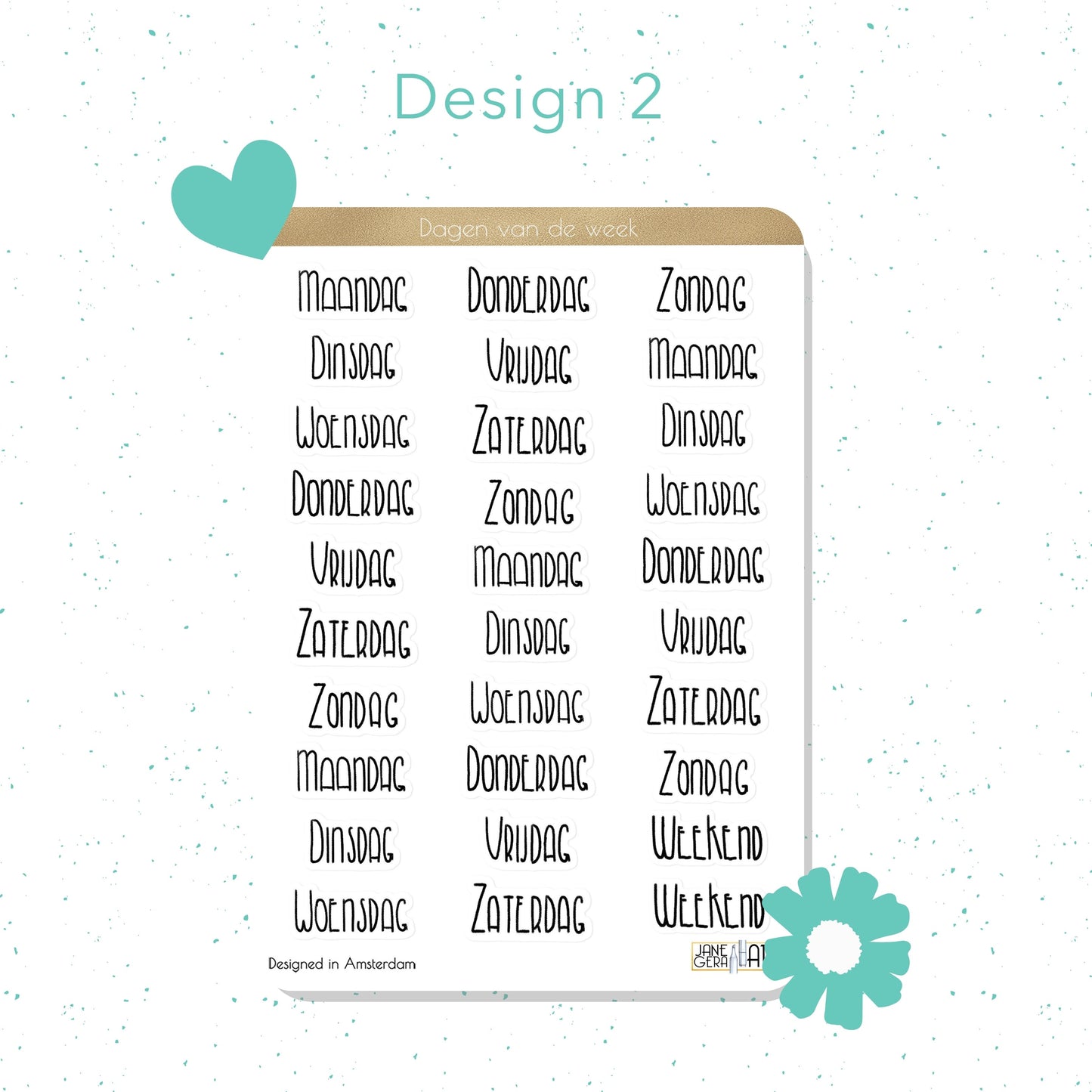 Week days planner stickers English, Dutch