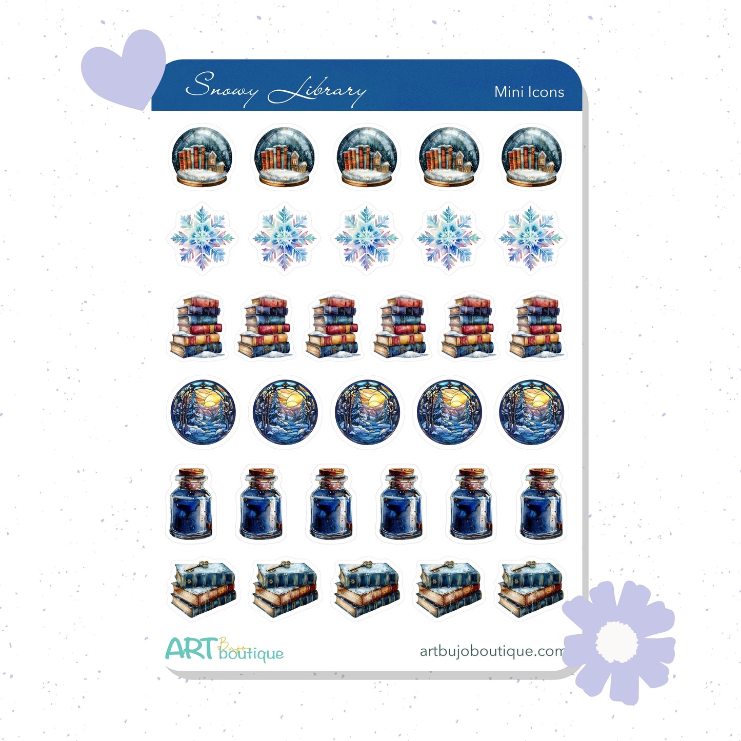 Collection of miniature icons with a snowy library theme on a white background.