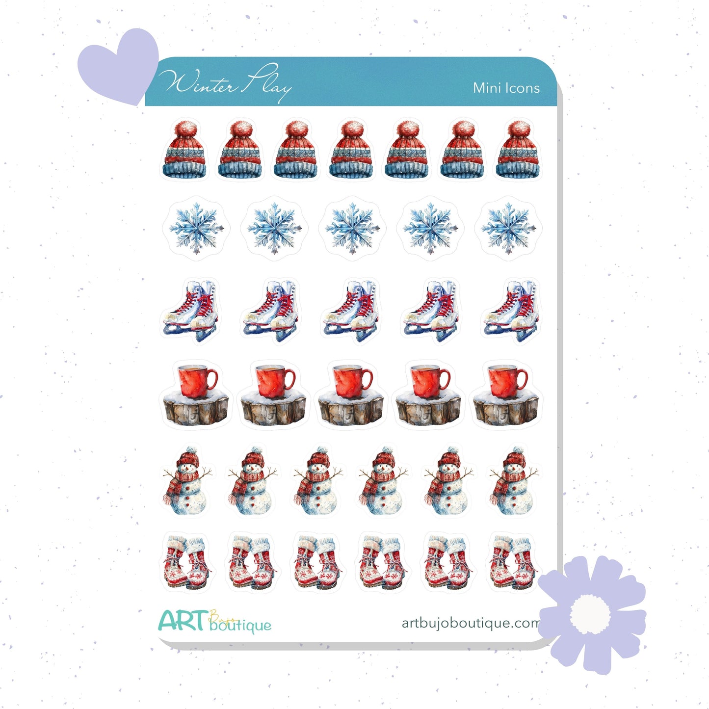 Sheet of winter-themed planner stickers with snowflakes, skates, mugs, and snowmen on a white background.