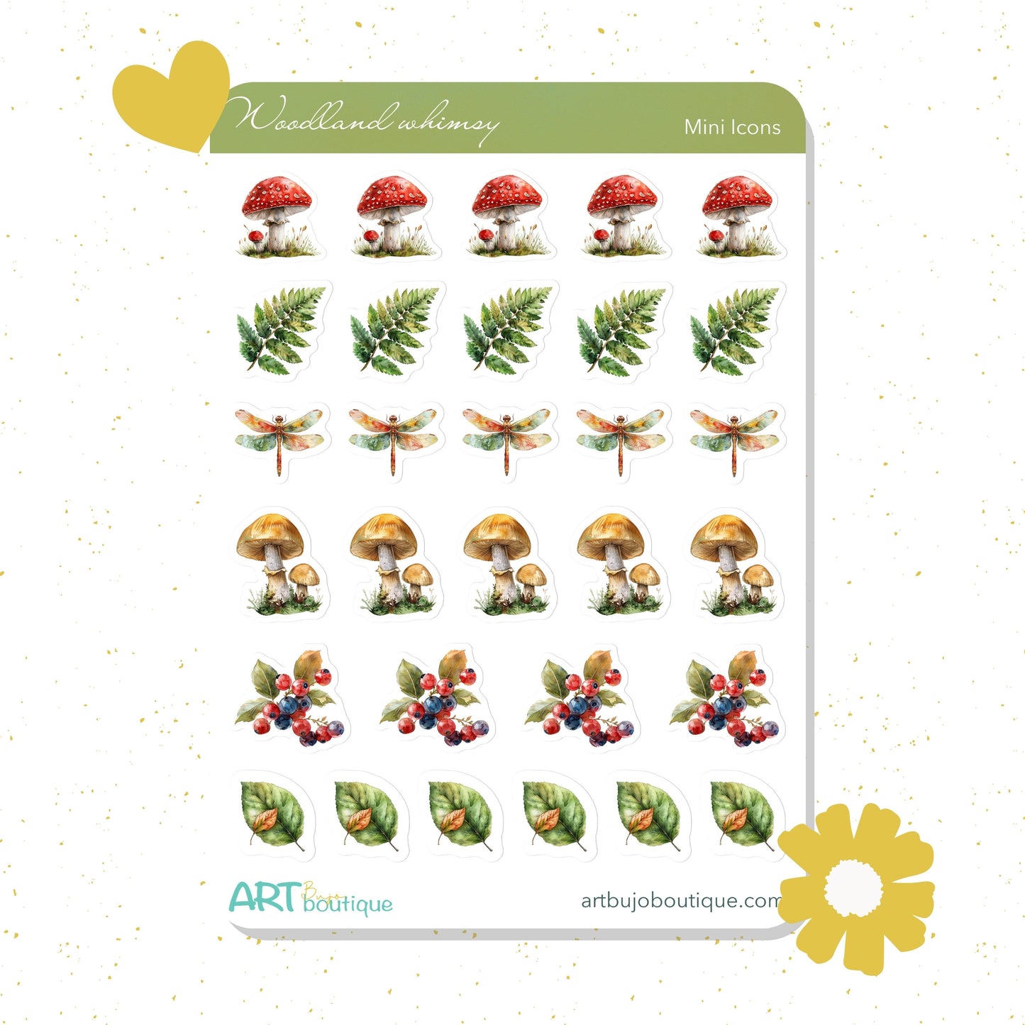 Sheet of mini icons with forest-themed illustrations on a white background.