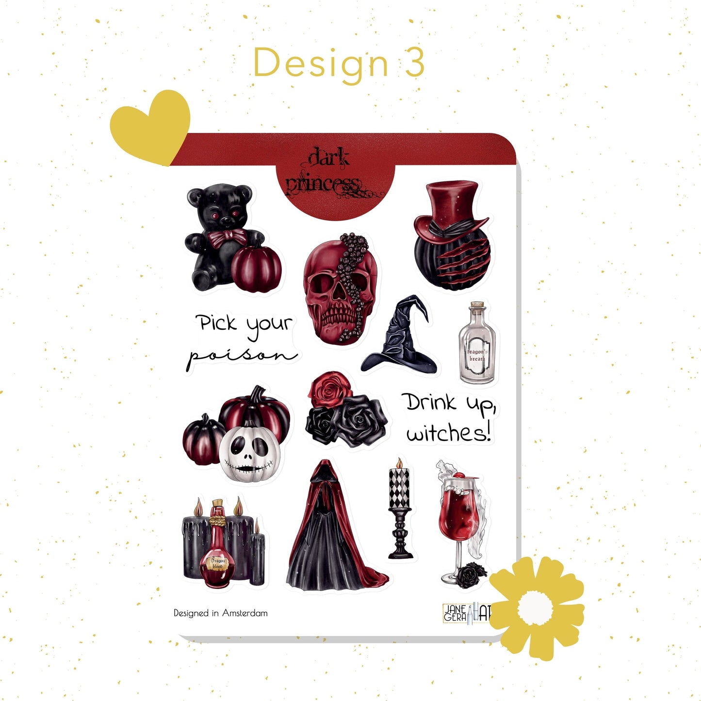 Dark Princess Halloween Sticker Sheet, Set of 3