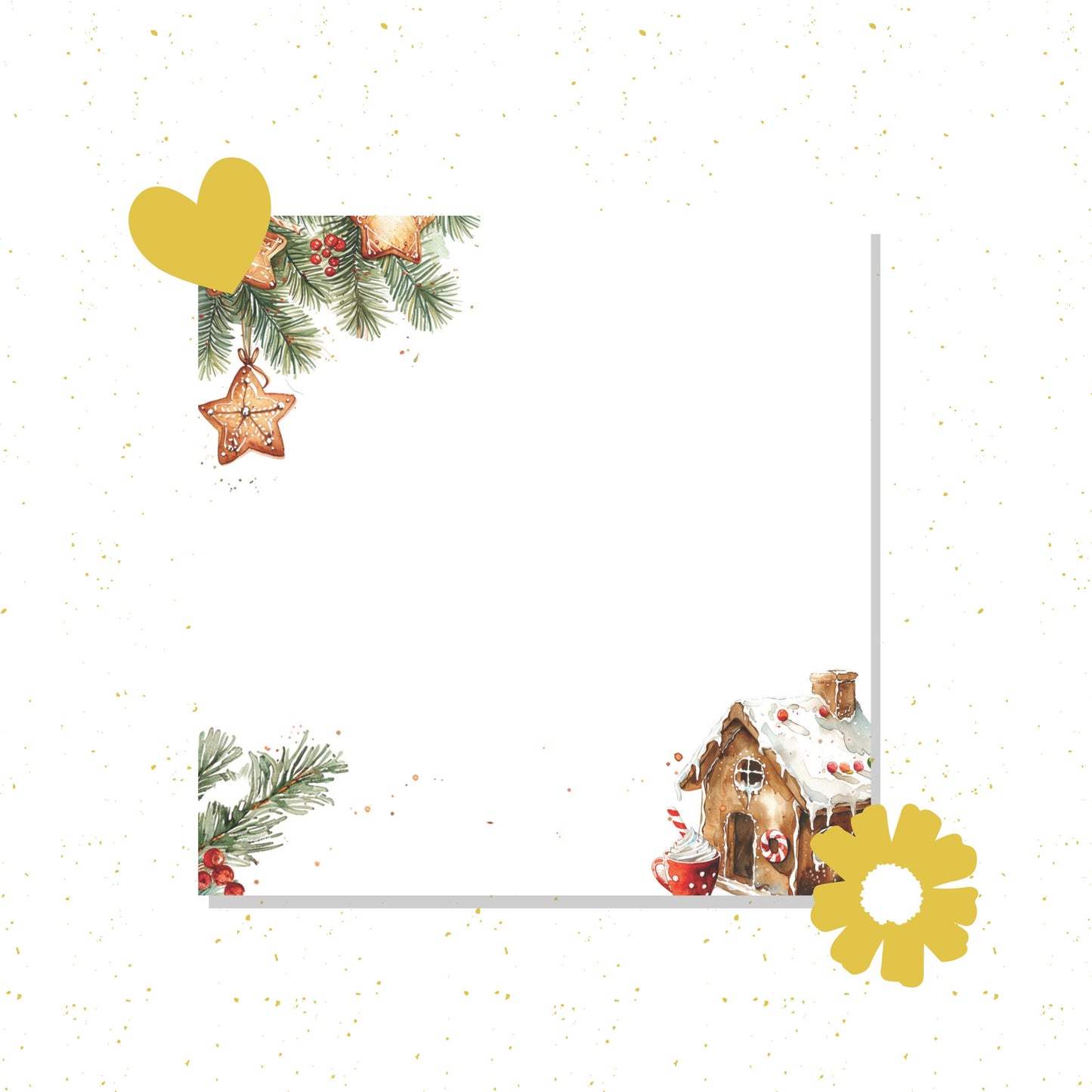 Decorative Christmas card with a gingerbread house, ornaments, and pine branches on a white background.