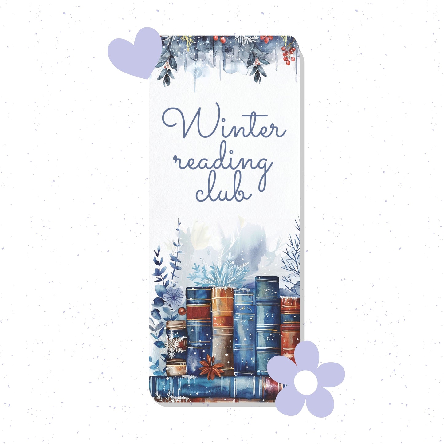 Phone case with 'Winter reading club' text and book illustration on a white background