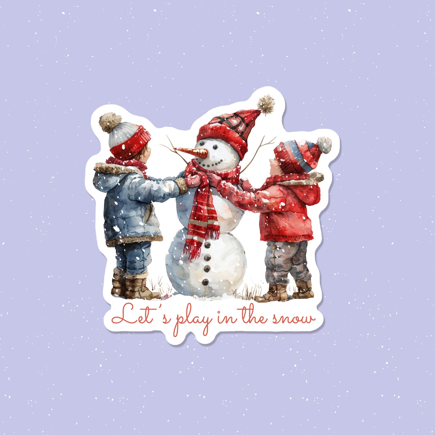 Sticker of two children building a snowman with text 'Let's play in the snow' on a light purple background.