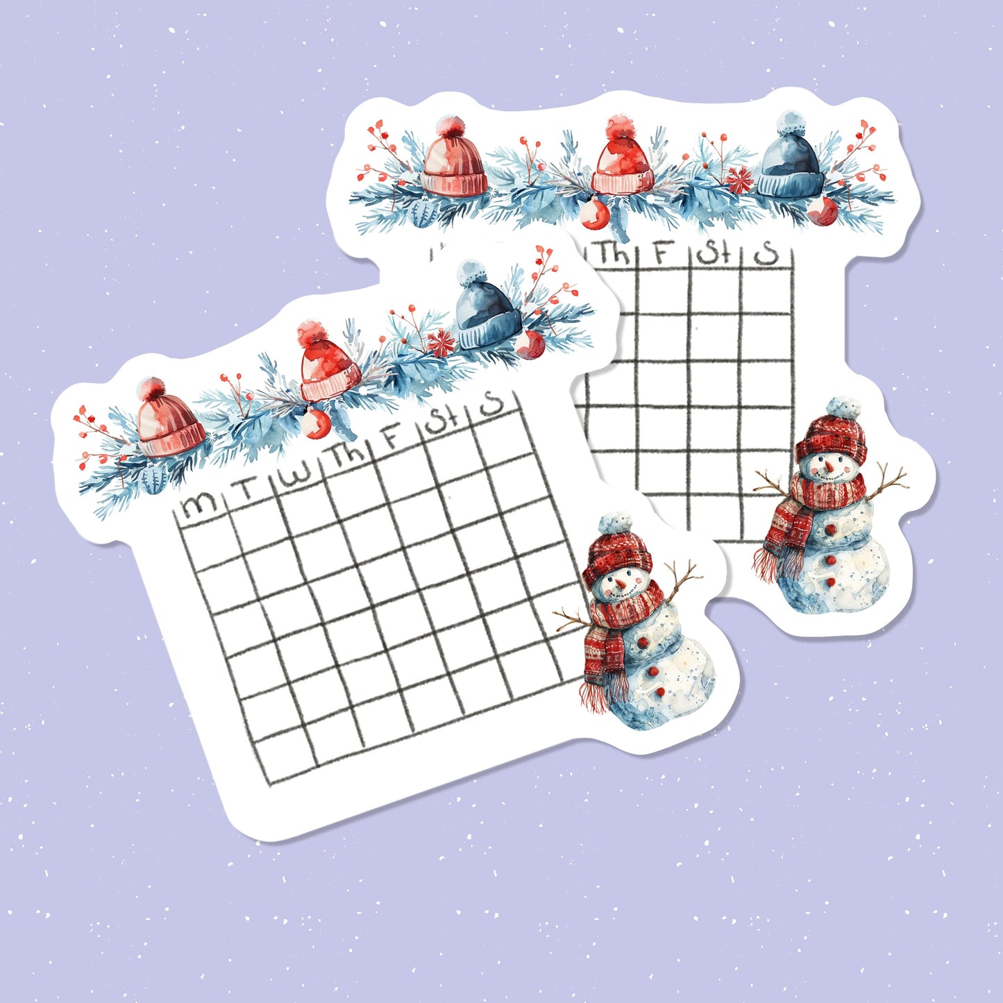 Winter-themed planner stickers with snowmen and a calendar layout on a light purple background.