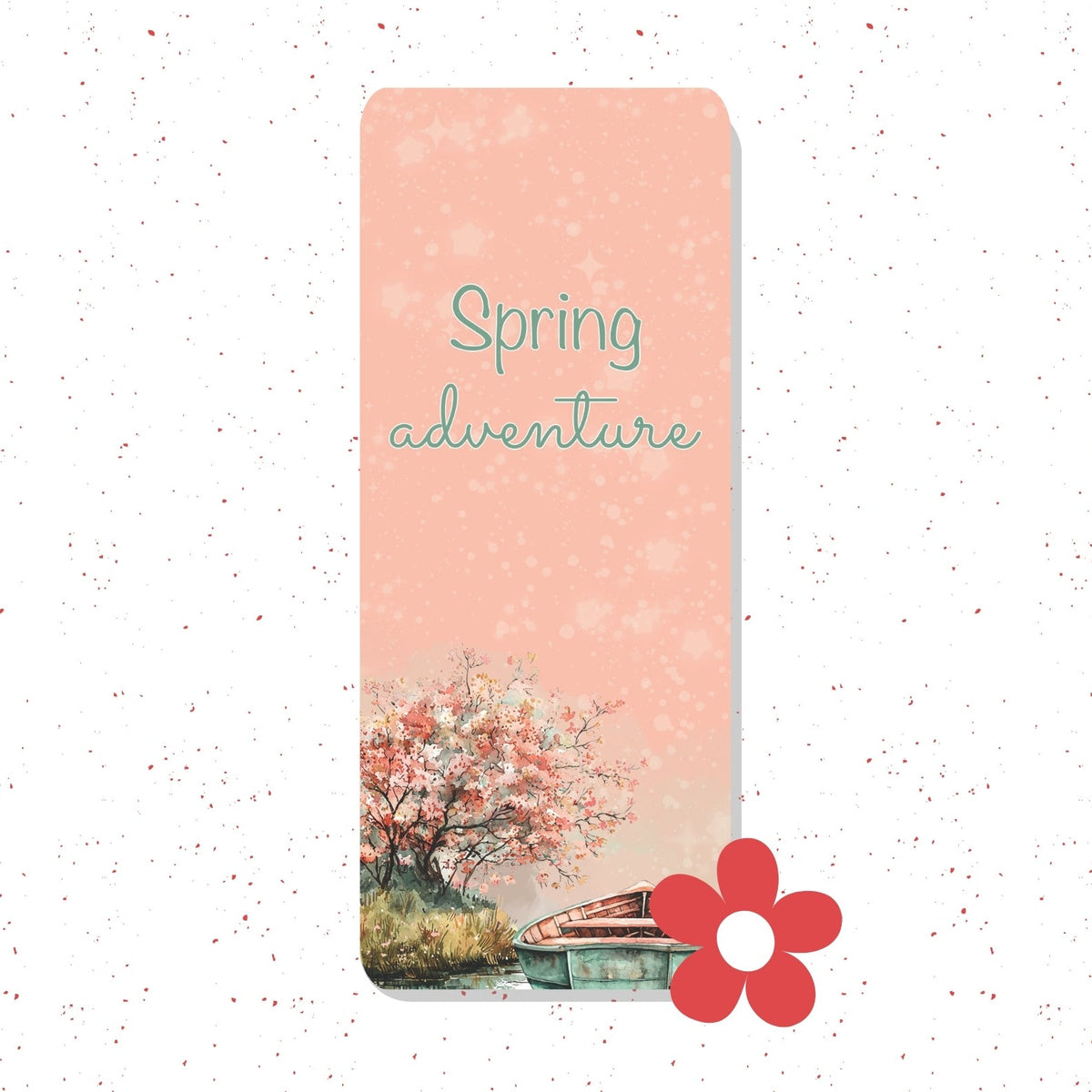 A vertical rectangular card or print with a peach-pink background, the words 'Spring adventure' in teal script, and a watercolor-style scene of a flowering tree and a small boat near the bottom. A red flower graphic sits at the lower right.