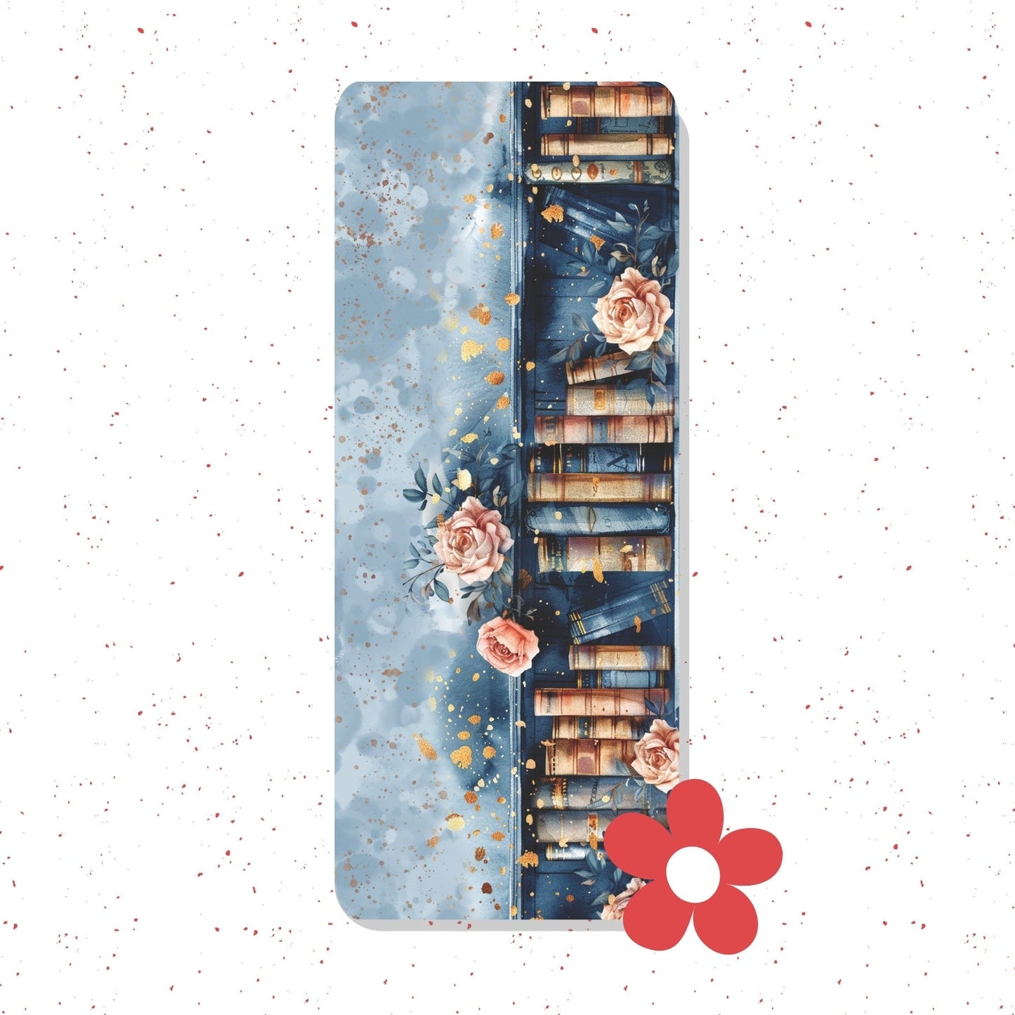 A rectangular yoga mat with a split design, featuring a light blue watercolor texture on the left and a dark blue bookshelf with pink roses on the right, shown on a white speckled background.