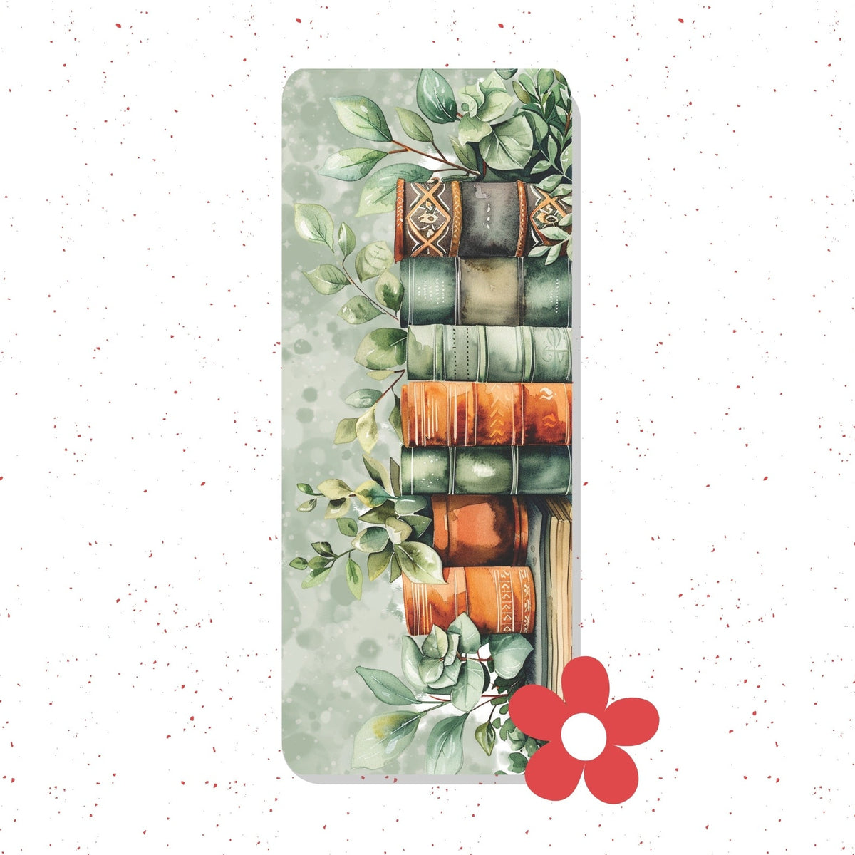 A vertical rectangular mat or towel featuring a watercolor-style illustration of stacked vintage books with green leaves and succulents, shown on a white speckled background with a red flower graphic in the lower right.