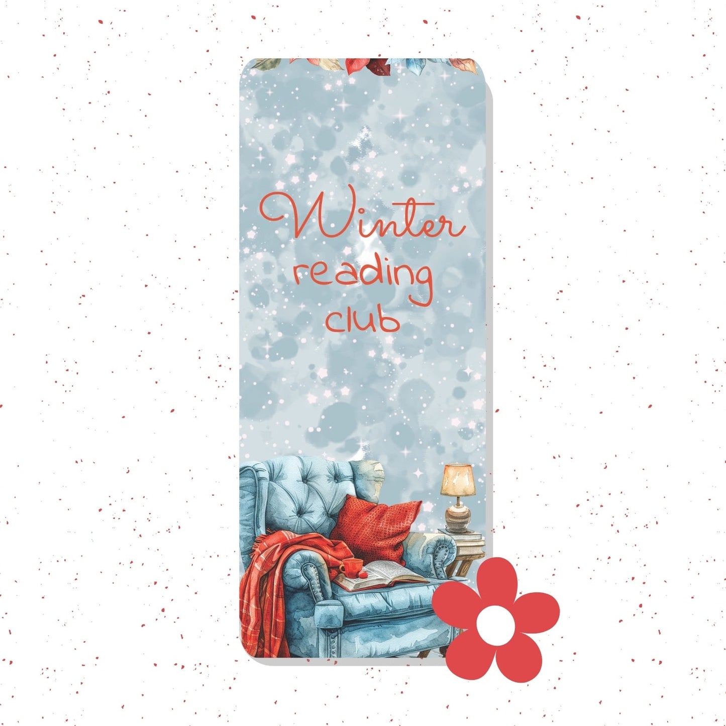 A tall rectangular book or notebook cover with a winter-themed illustration, featuring the words 'Winter reading club' in coral script over a snowy blue background. The cover shows a blue armchair with red cushions and a red throw blanket, plus a red flower graphic at the bottom right.
