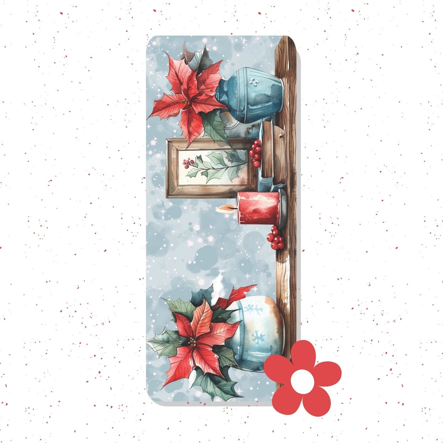 A rectangular yoga mat featuring a festive Christmas watercolor design with poinsettias, candles, berries, and a blue vase on a snowy light-blue background. The mat is shown flat against a white background with subtle red speckles and a red flower graphic in the bottom right corner.