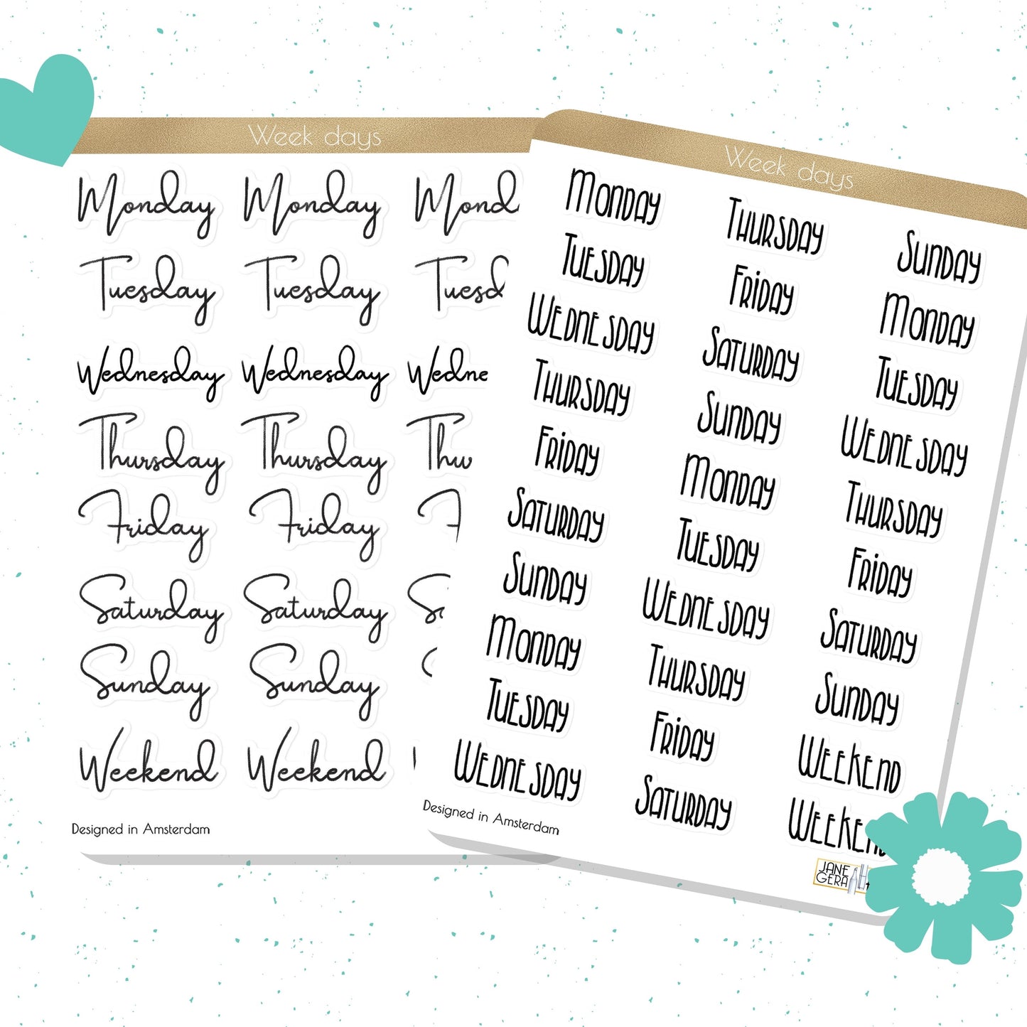 Week days planner stickers English, Dutch