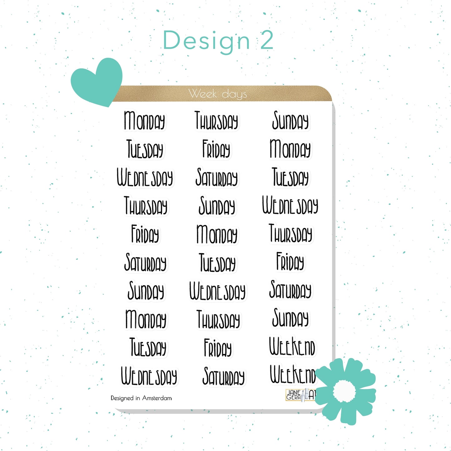 Week days planner stickers English, Dutch