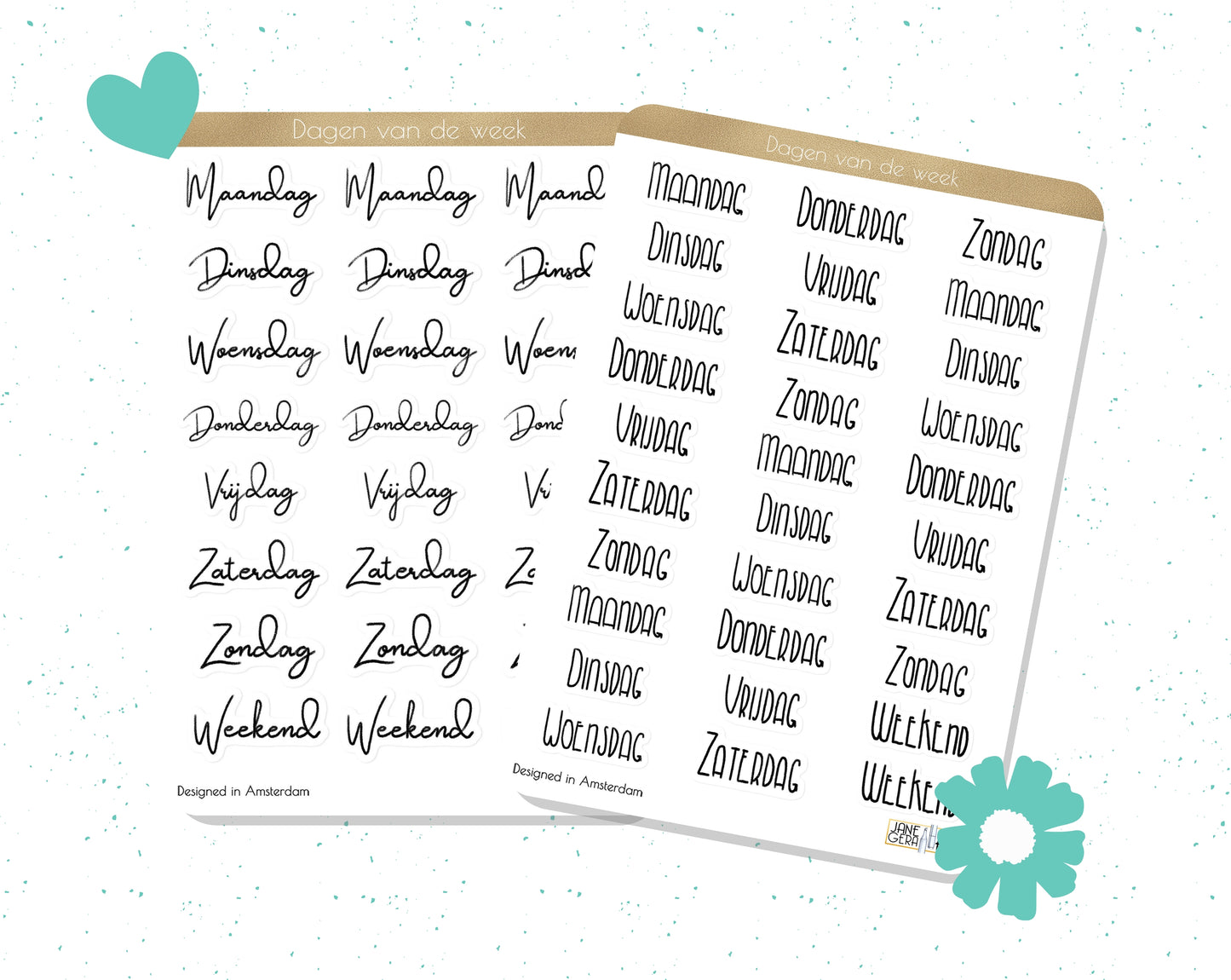 Week days planner stickers English, Dutch