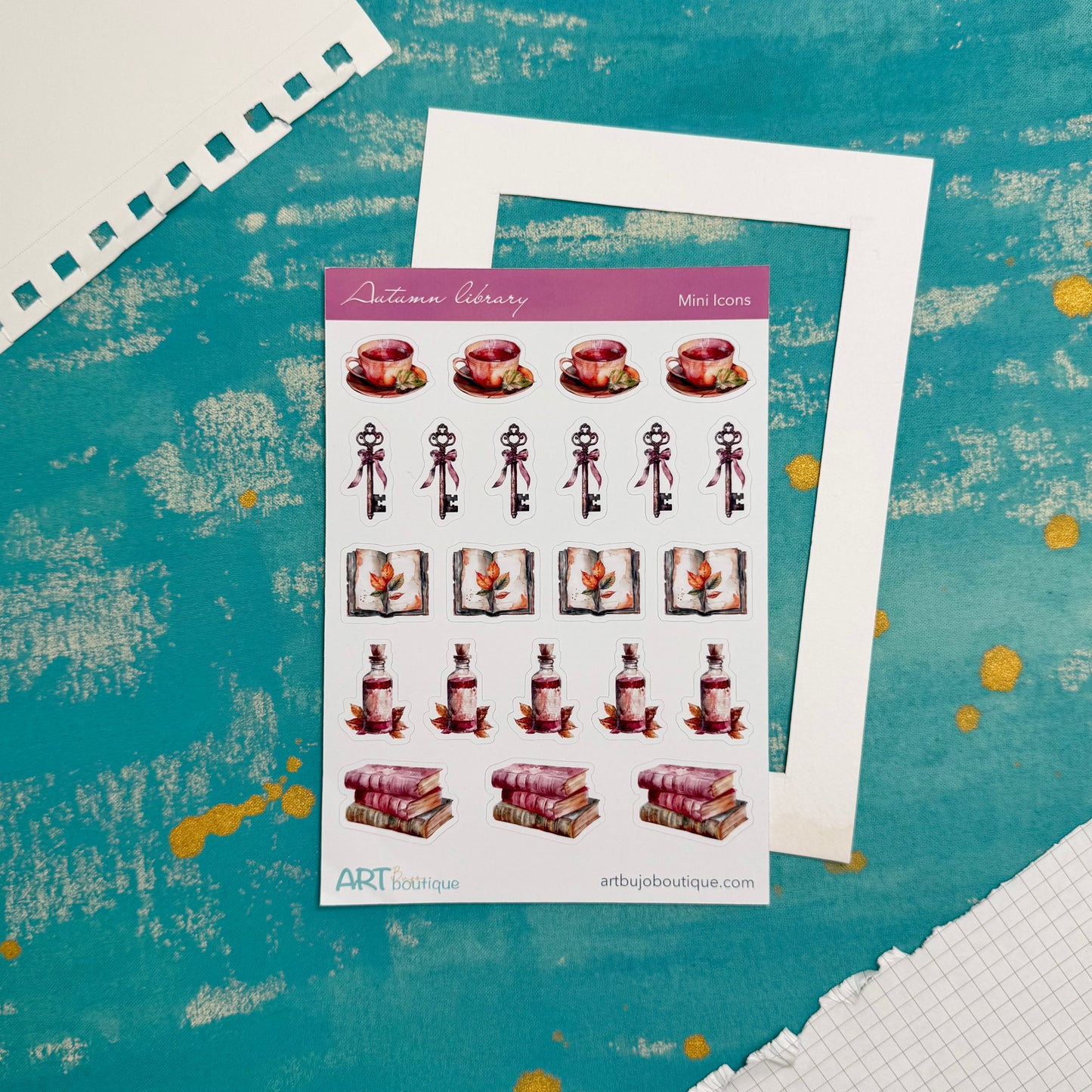 Sheet of decorative stickers with illustrations on a textured blue background