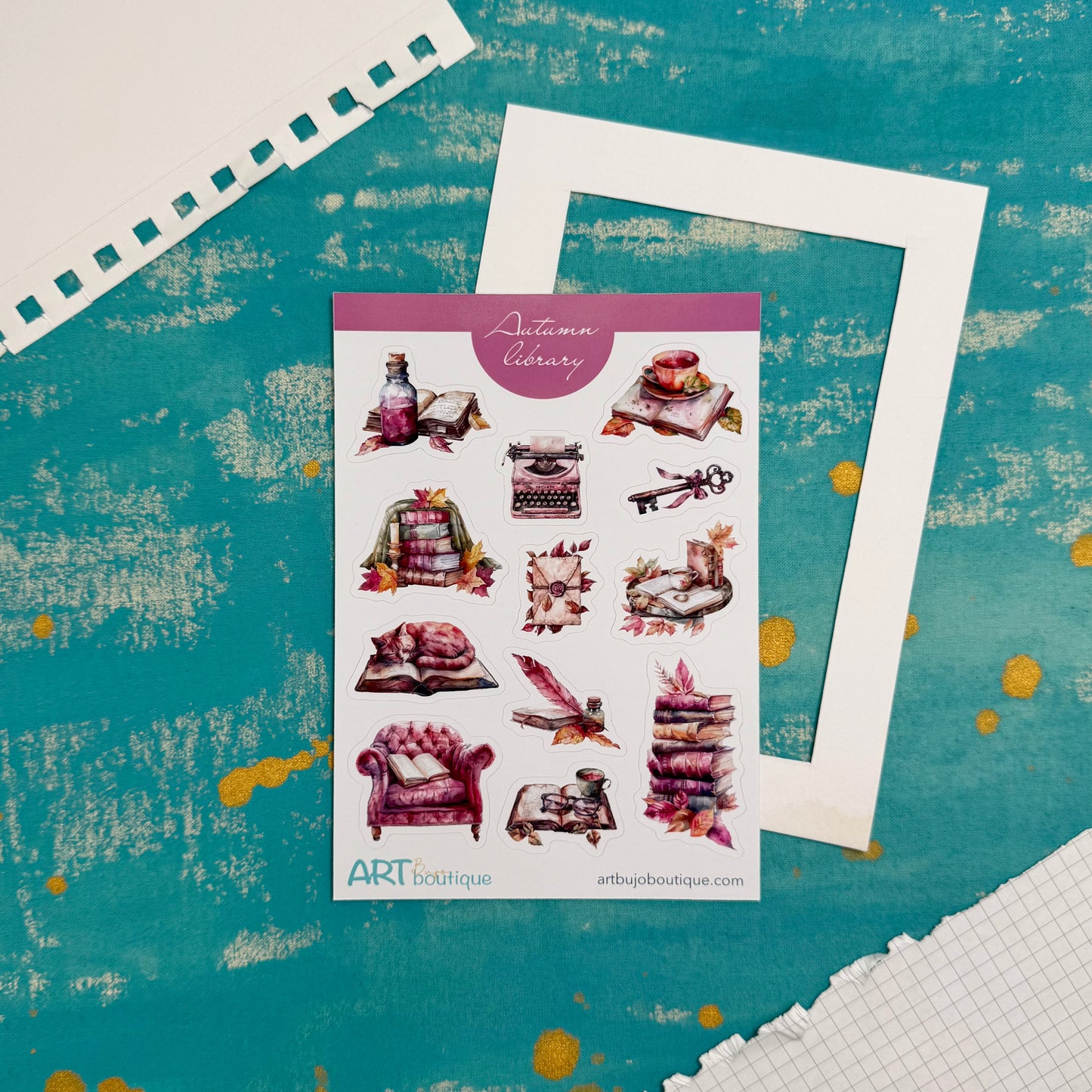 Sticker sheet with illustrations on a textured teal surface