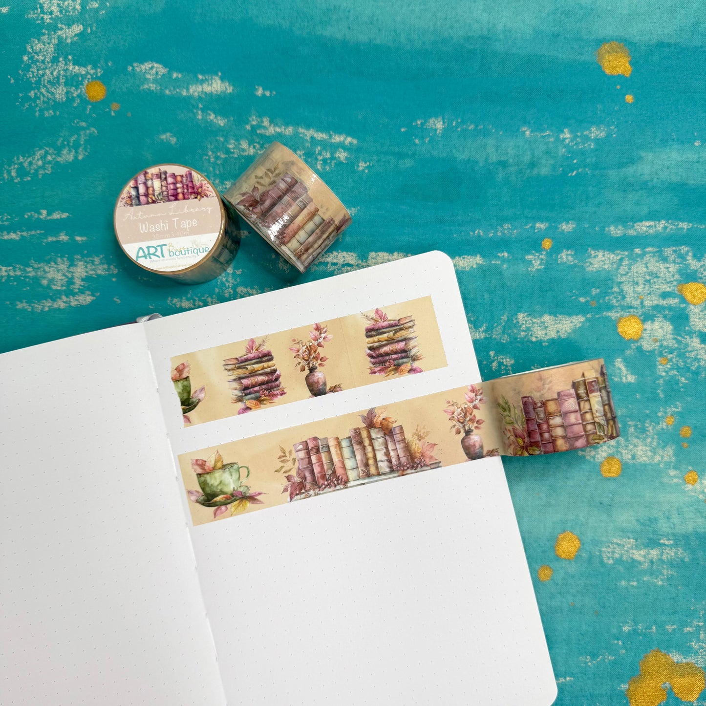 Autumn Library Wide Washi Tape – 30 mm Cozy Book Lover Design