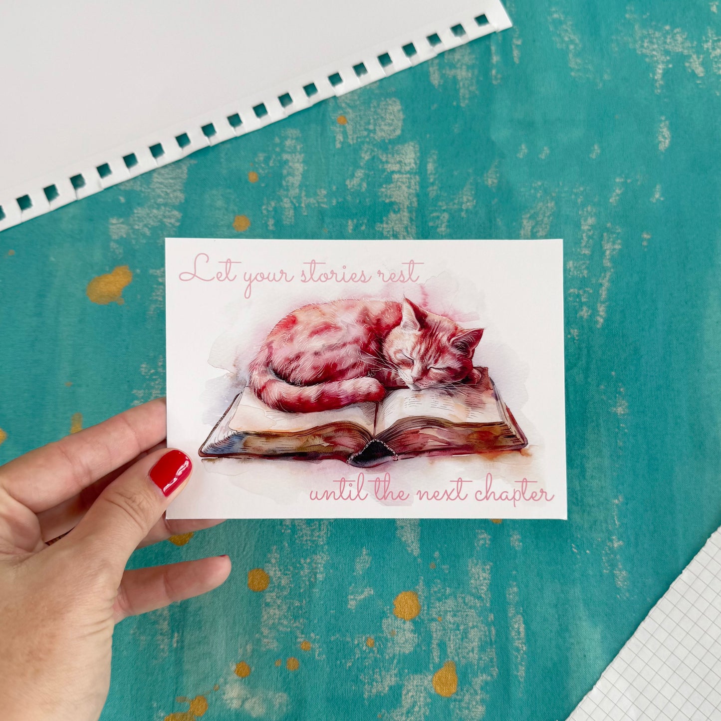 Let Your Stories Rest Postcard – Cozy Autumn Literary Stationery