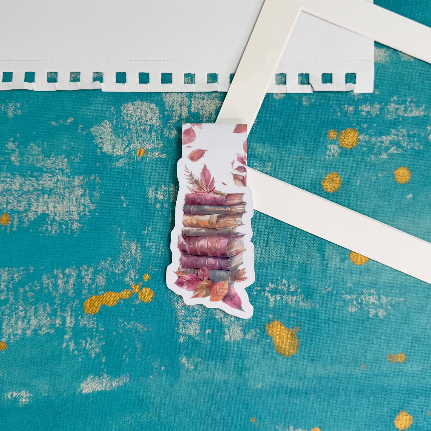 Color swatch card on a textured blue background with white stripes
