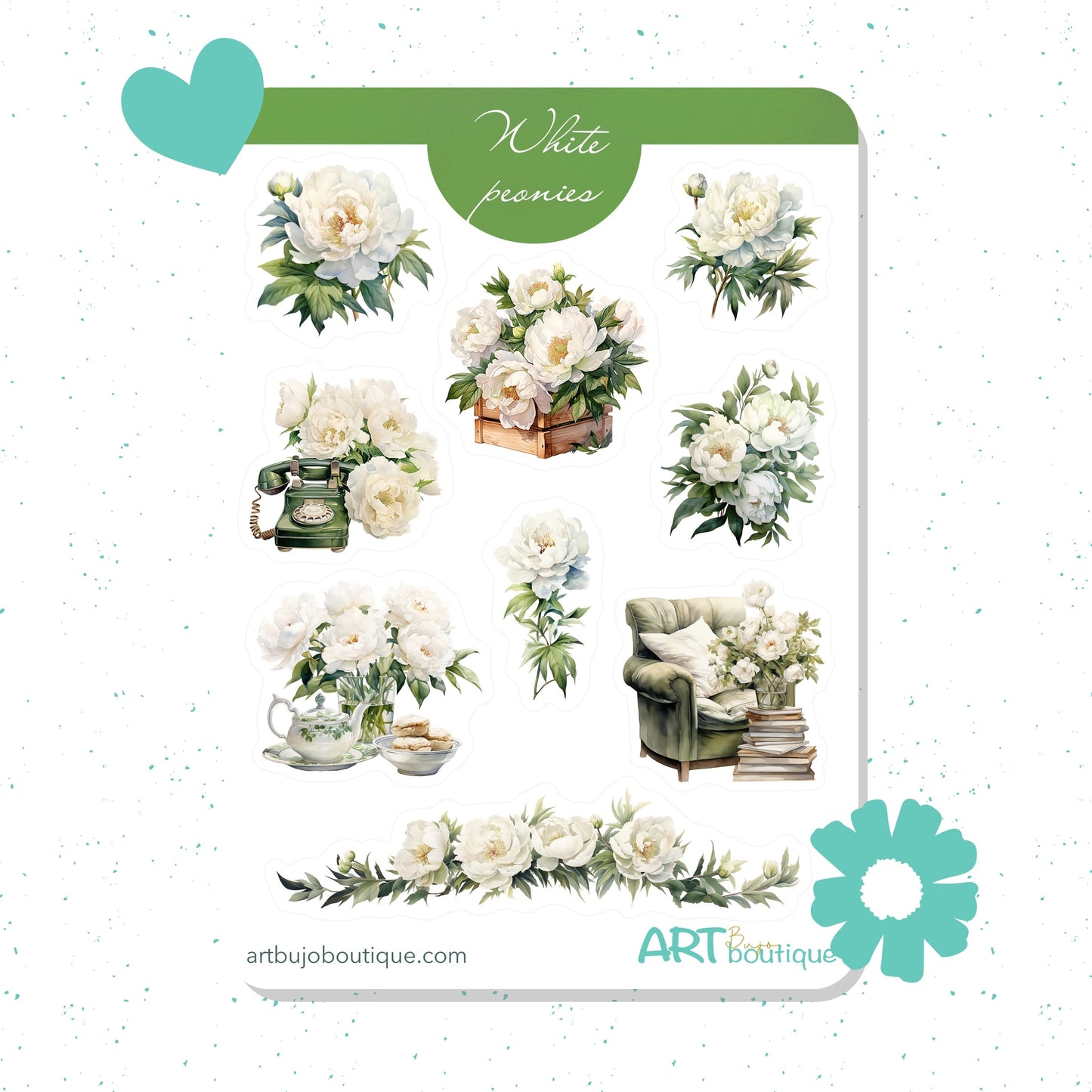 White Peonies bujo stickers Spring flowers stickers