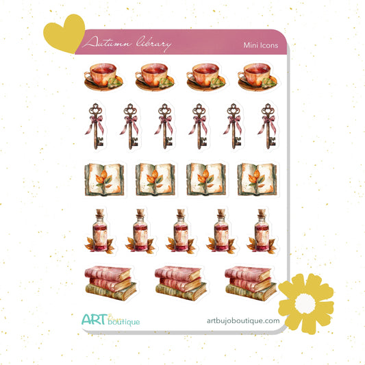 Set of miniature icons for a planner or scrapbooking, featuring books, bottles, and other items on a white background with 'ART boutique' branding.