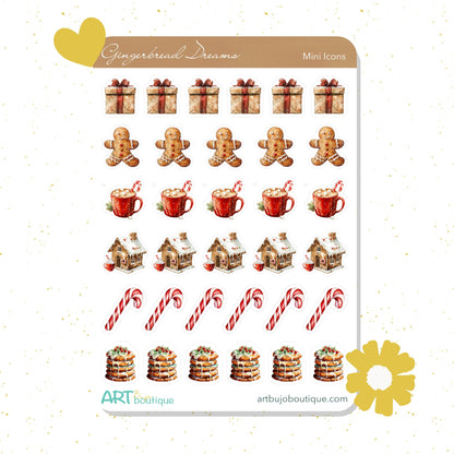Sheet of gingerbread-themed stickers with gingerbread men, houses, and candy canes on a white background.