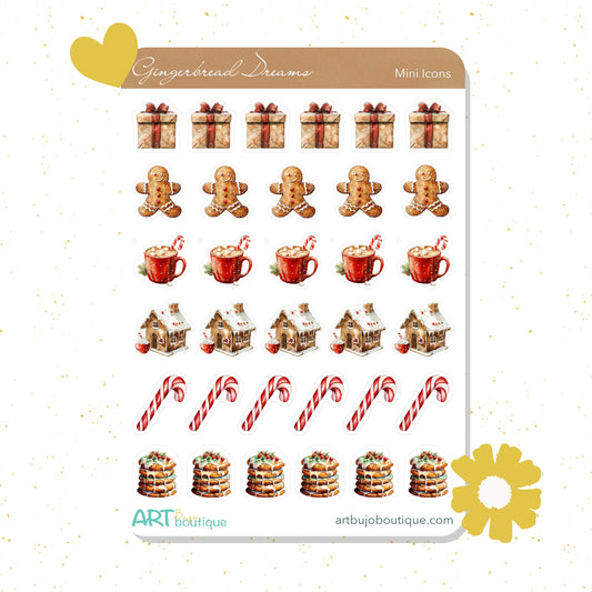 Sheet of gingerbread-themed stickers with gingerbread men, houses, and candy canes on a white background.
