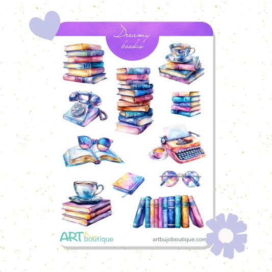 Dreamy Books Sticker Sheet - Aesthetic Colorful Planner & Journal Stickers
