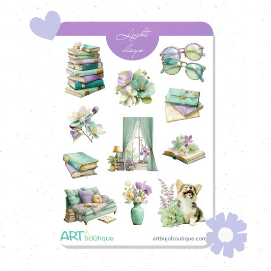 Sticker sheet with various decorative items including books, flowers, and a dog, branded 'ARTboutique'.