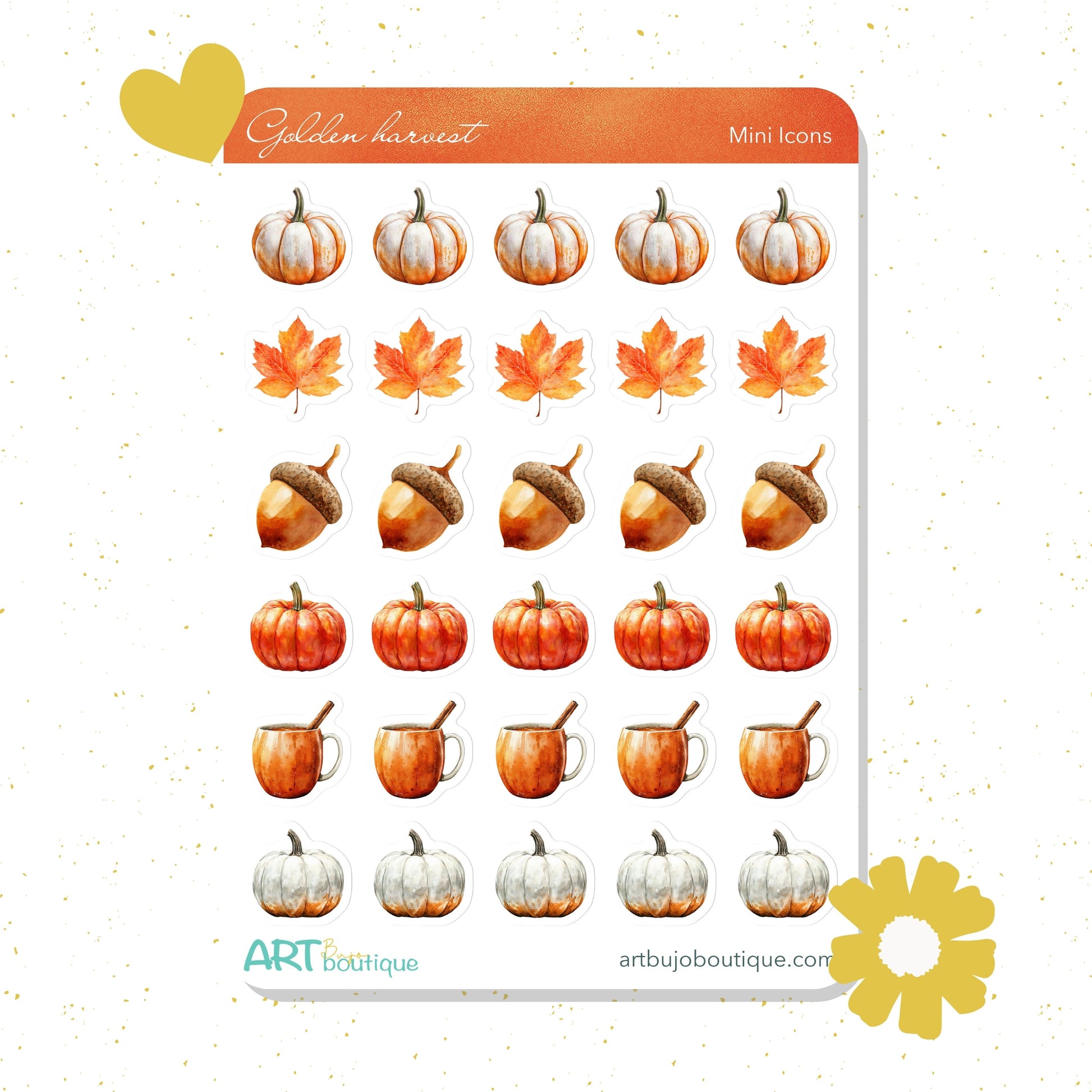 Sheet of autumn-themed mini icons with pumpkins, leaves, acorns, and mugs on a white background.