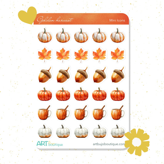 Sheet of autumn-themed mini icons with pumpkins, leaves, acorns, and mugs on a white background.
