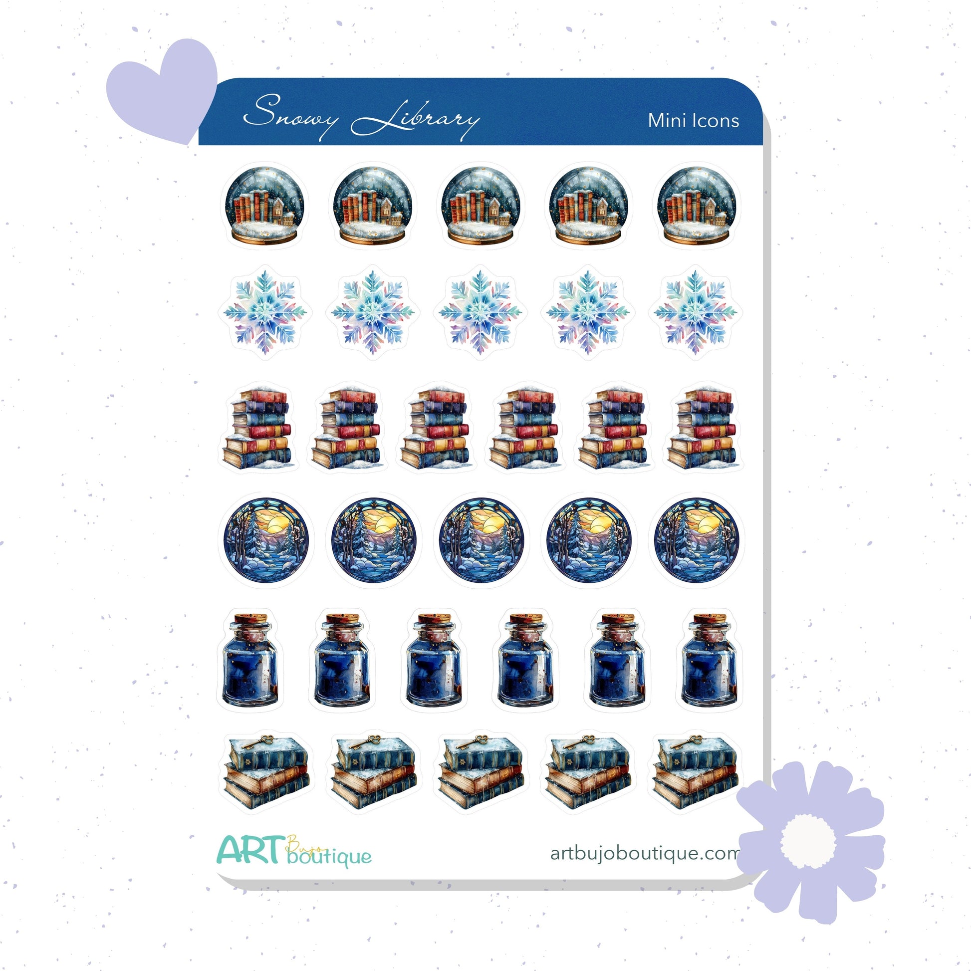 Collection of miniature icons with a snowy library theme on a white background.