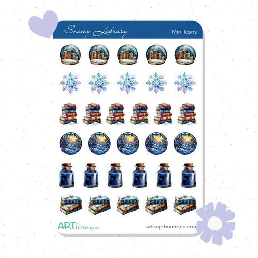 Collection of miniature icons with a snowy library theme on a white background.