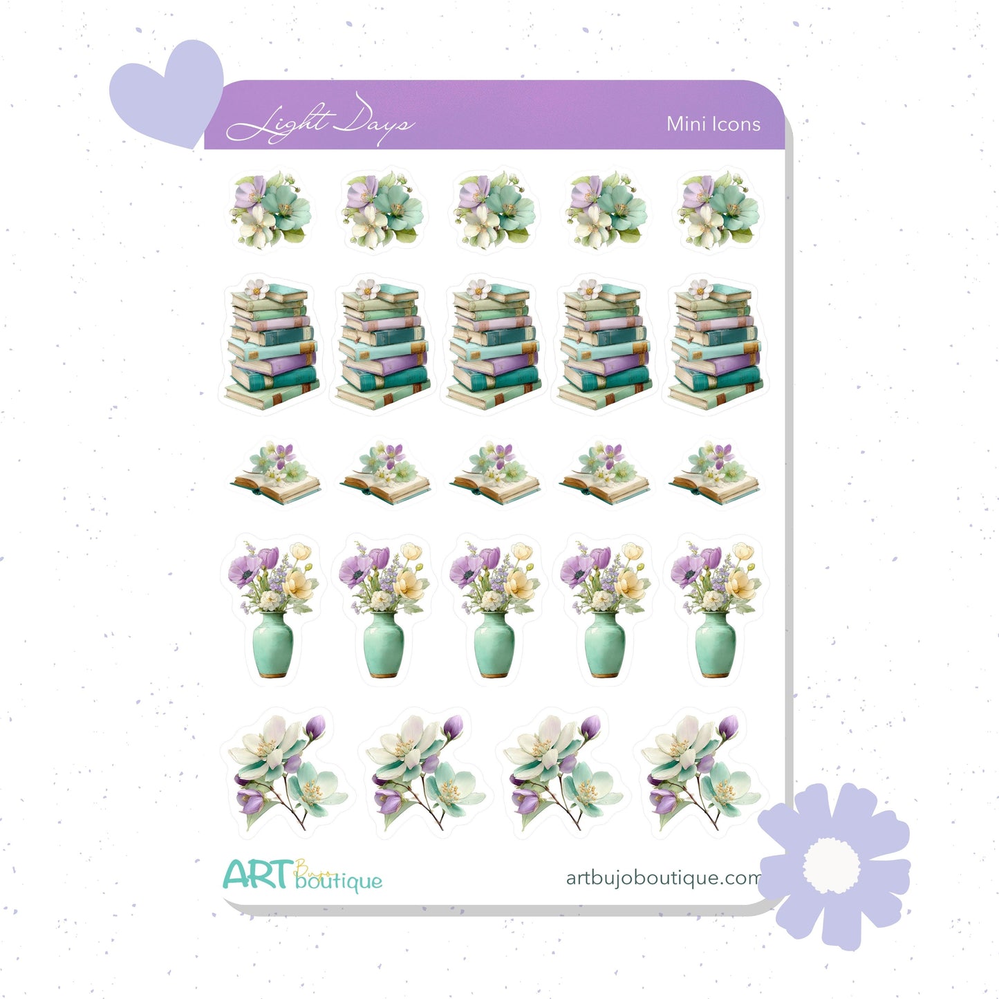 Sheet of decorative stickers featuring stacks of books and vases with flowers on a white background.