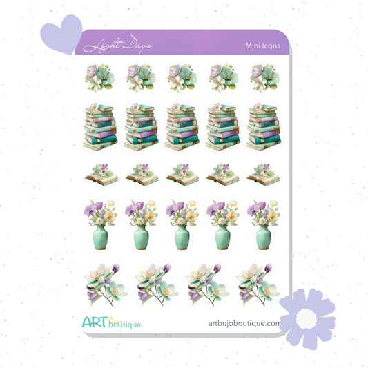 Sheet of decorative stickers featuring stacks of books and vases with flowers on a white background.