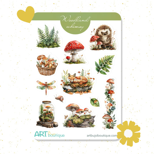 Sheet of woodland-themed stickers with various forest elements on a white background.