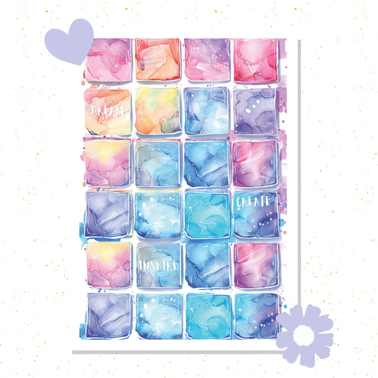 Colorful watercolor pattern with text on a white background