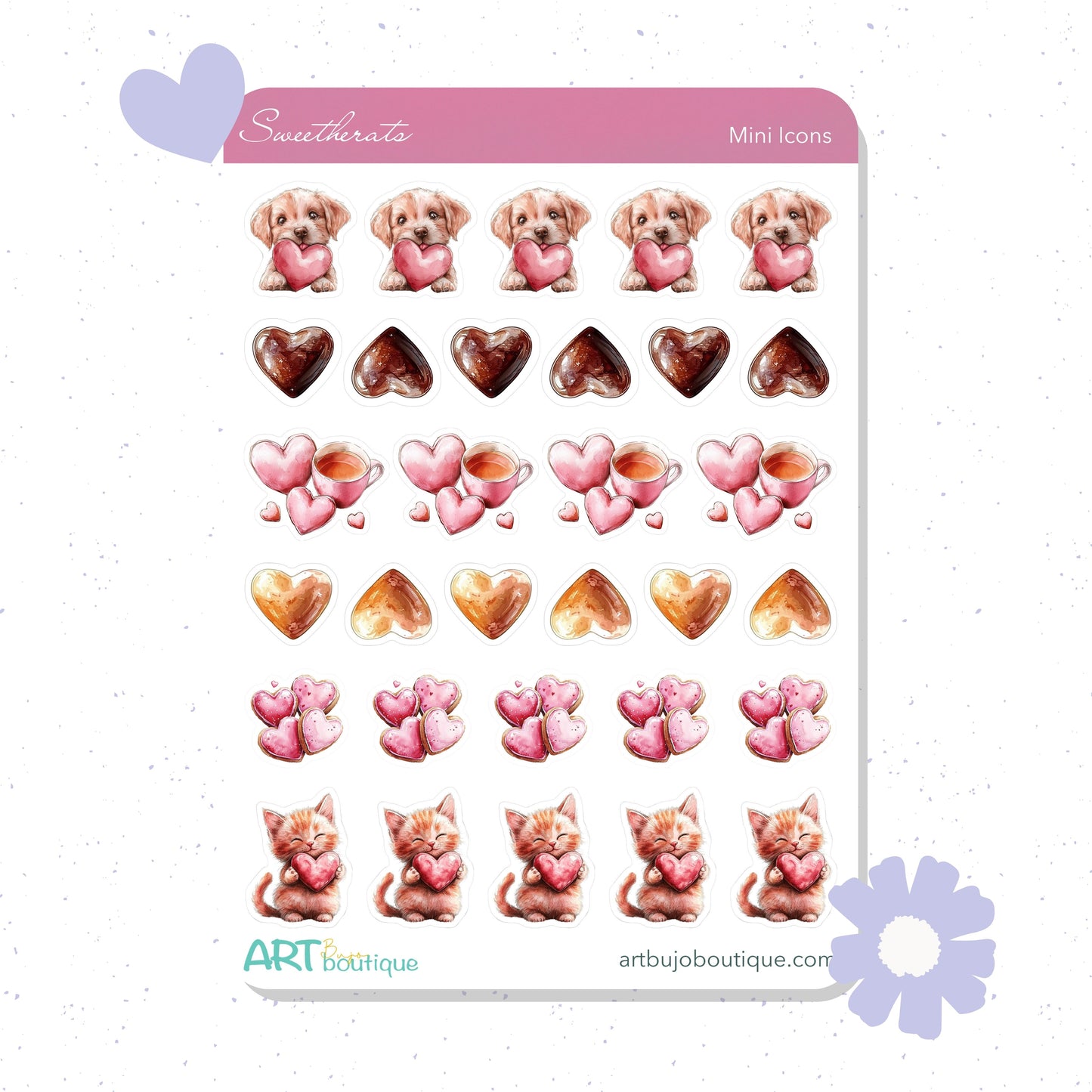 Sheet of planner stickers featuring dogs, hearts, and cats with a pink border.