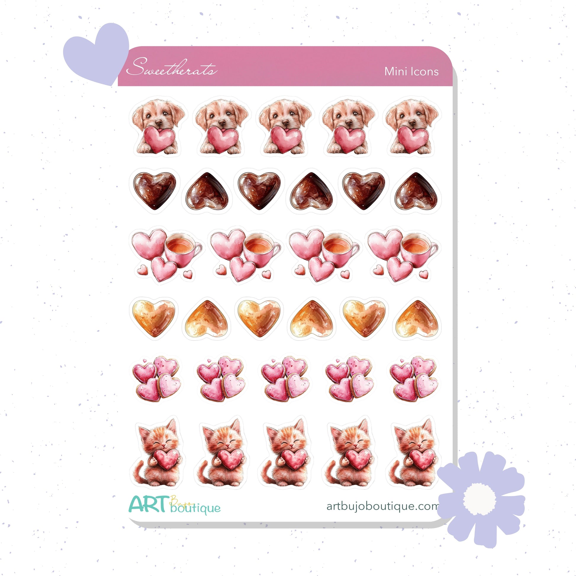 Sheet of planner stickers featuring dogs, hearts, and cats with a pink border.