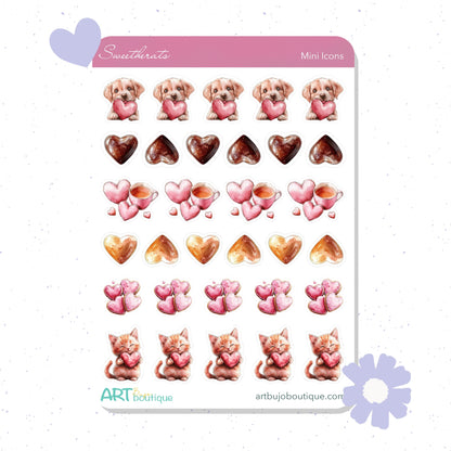 Sheet of planner stickers featuring dogs, hearts, and cats with a pink border.