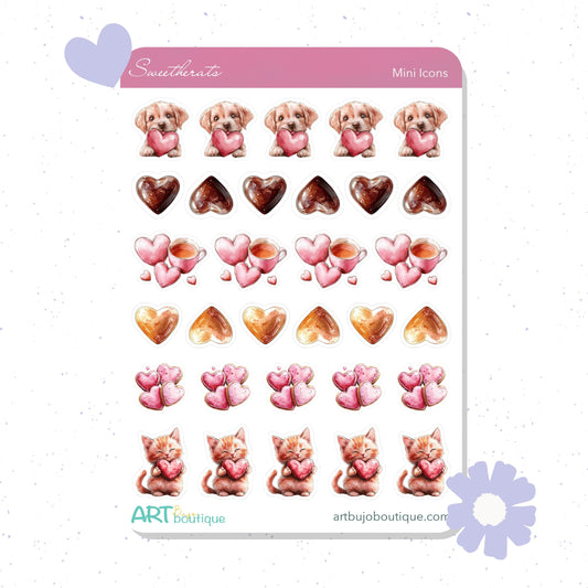Sheet of planner stickers featuring dogs, hearts, and cats with a pink border.