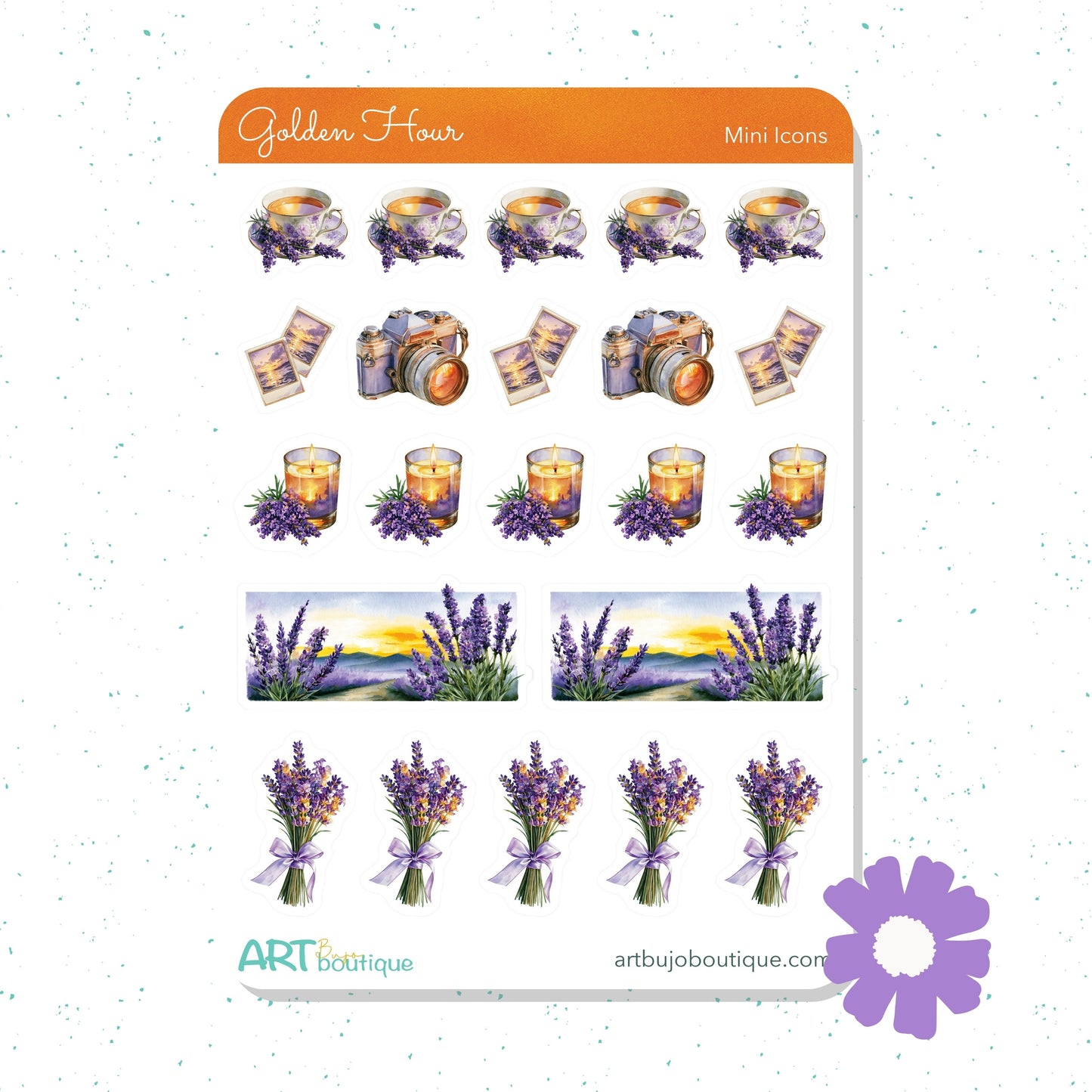 Set of planner stickers with candles, cameras, and lavender bouquets on a white background.