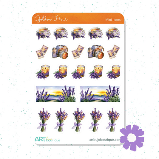 Set of planner stickers with candles, cameras, and lavender bouquets on a white background.
