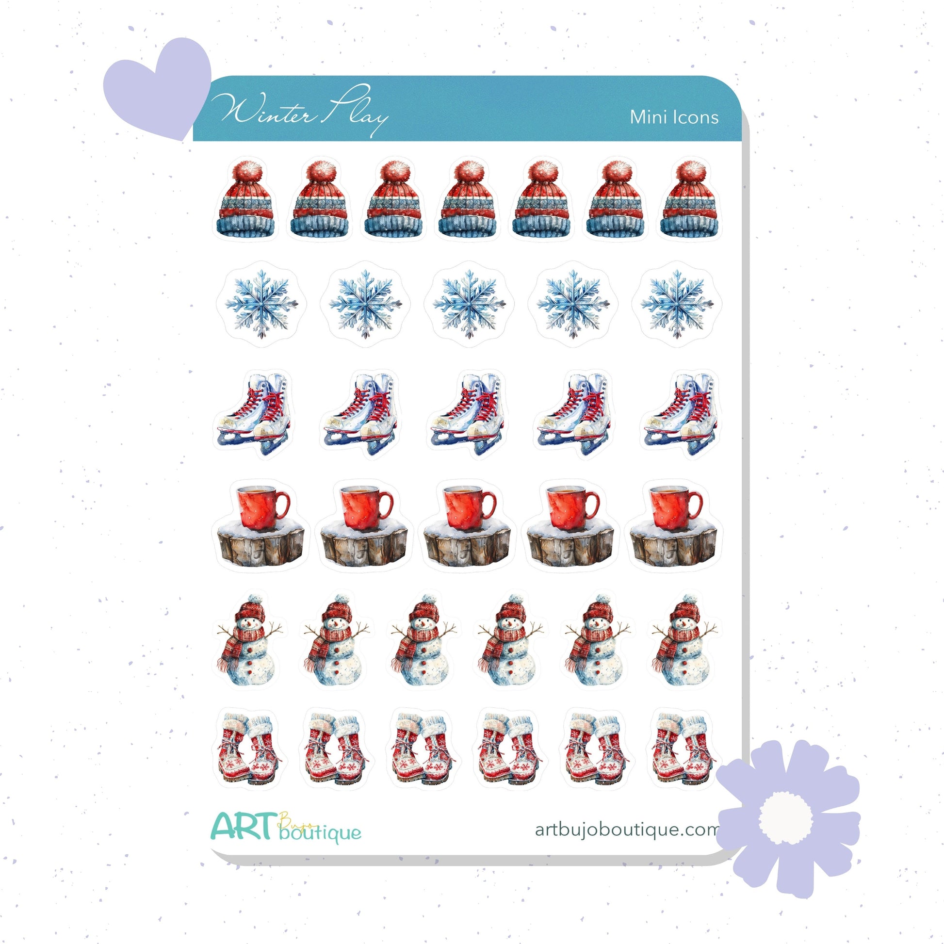 Sheet of winter-themed planner stickers with snowflakes, skates, mugs, and snowmen on a white background.