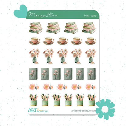 Sticker sheet with various design elements including flowers, cups, and books on a white background.
