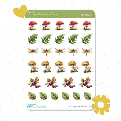 Sheet of mini icons with forest-themed illustrations on a white background.