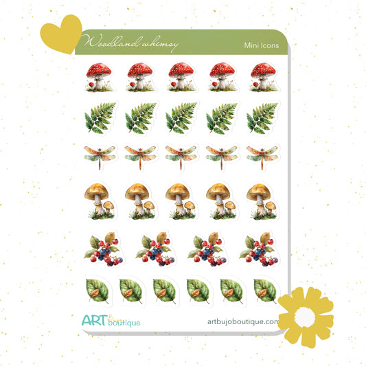 Sheet of mini icons with forest-themed illustrations on a white background.