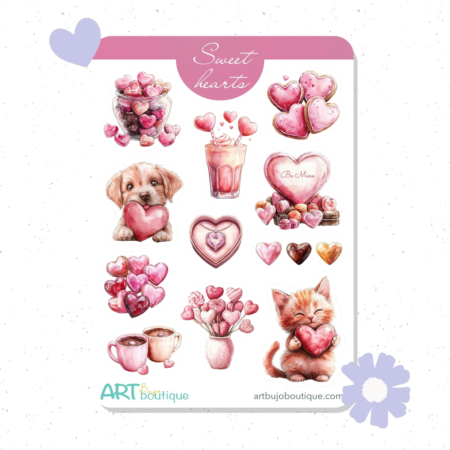 Sticker sheet with cute illustrations of a dog, cat, heart-shaped balloons, and other objects on a white background.