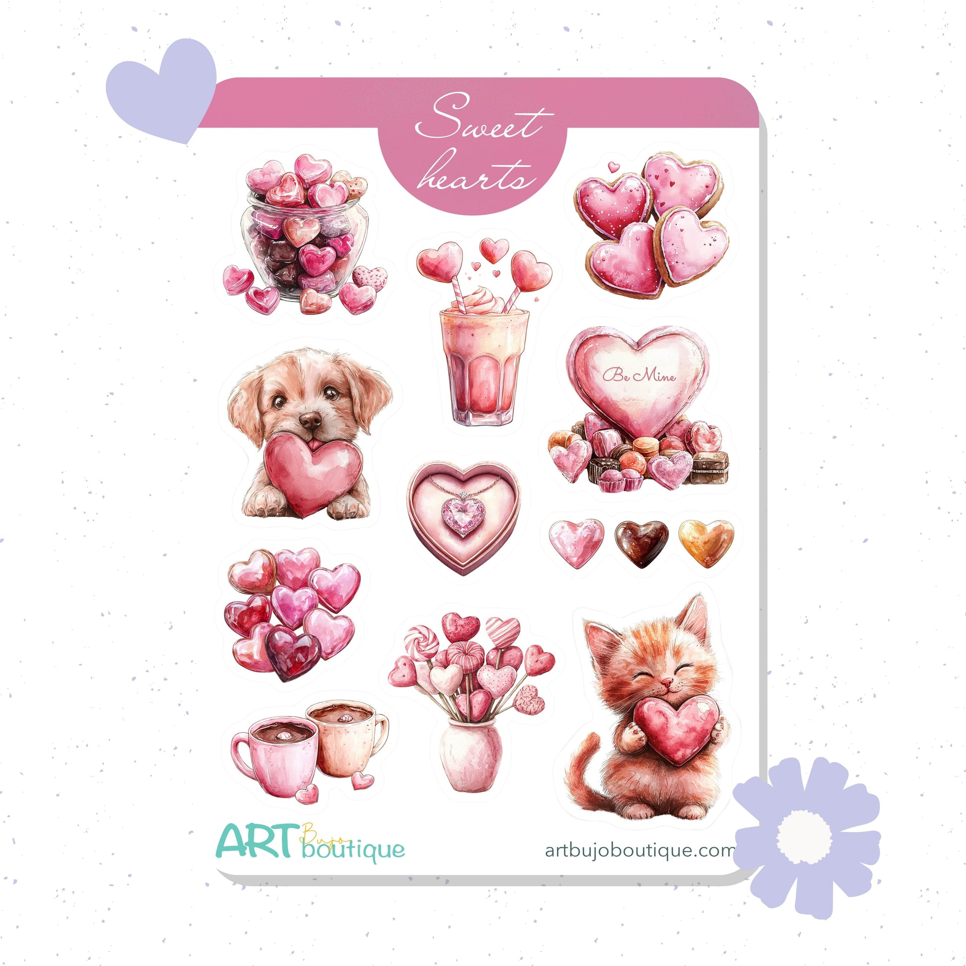 Sticker sheet with cute illustrations of a dog, cat, heart-shaped balloons, and other objects on a white background.