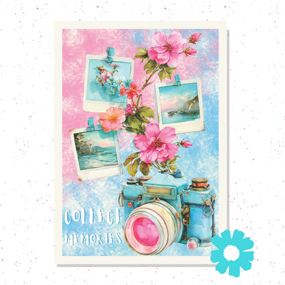 Decorative card with a camera, flowers, and photos on a colorful background